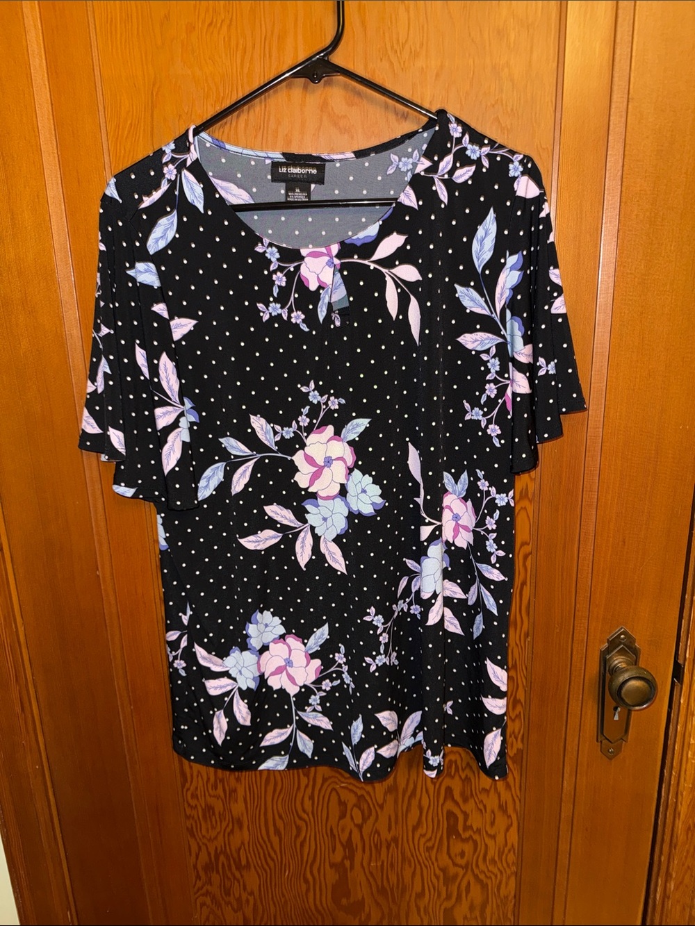 Liz Claiborne Black Short Sleeve Top with Pastel Floral Print